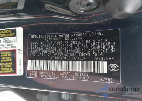 2014 Toyota Camry Se Sport from USA, damaged, VIN 4T1BF1FK5EU371804